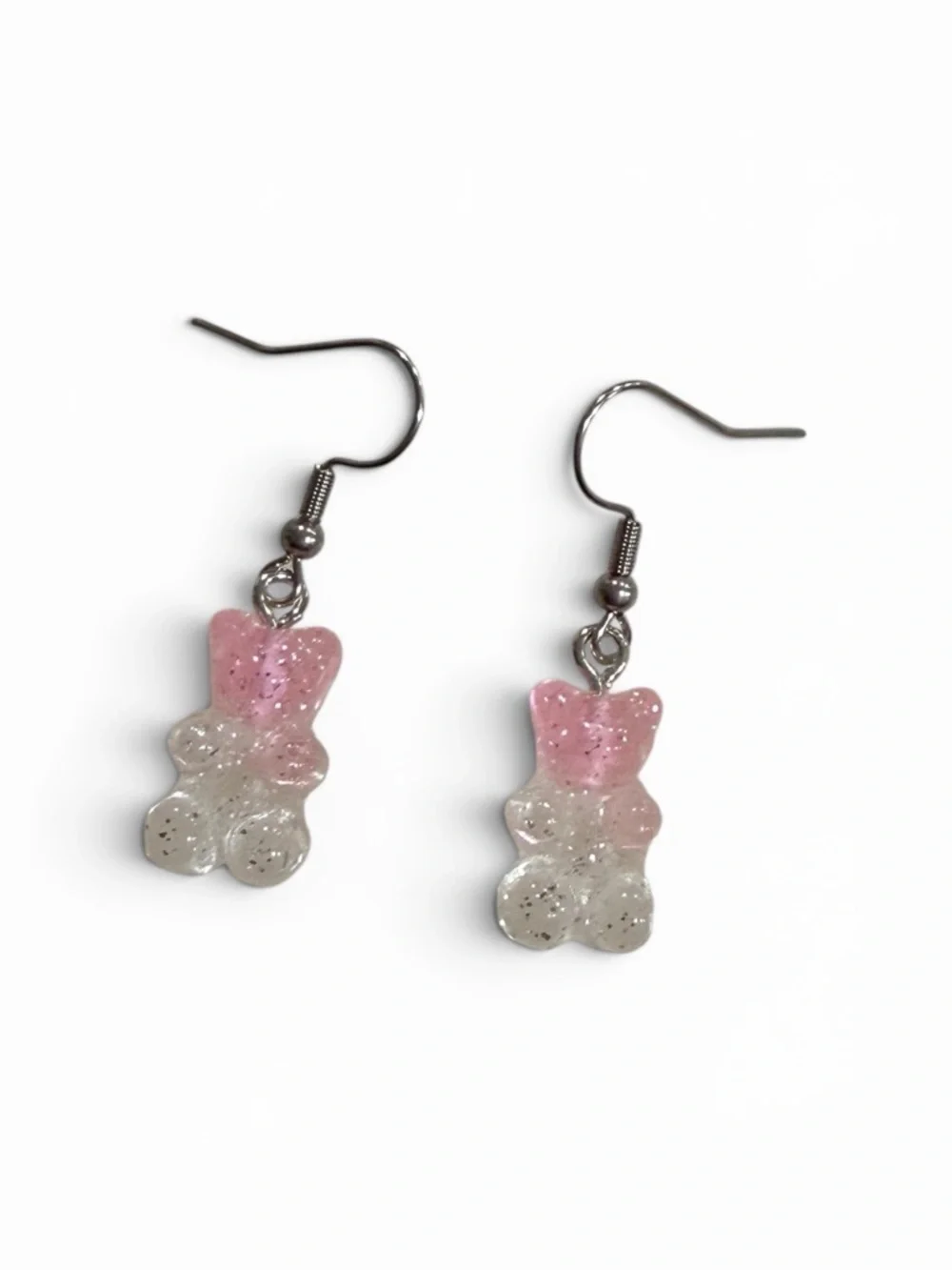 Gummy Bear Drop Earrings Pink Clear Glitter Resin Cute Kawaii Candy Jewelry - Picture 2 of 3